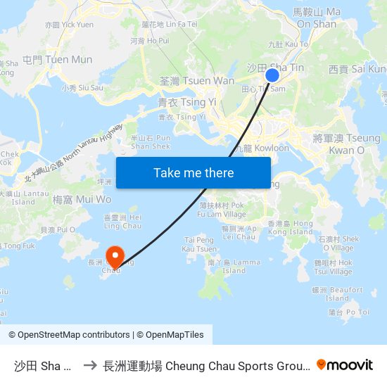 沙田 Sha Tin to 長洲運動場 Cheung Chau Sports Ground map