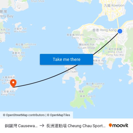 銅鑼灣 Causeway Bay to 長洲運動場 Cheung Chau Sports Ground map