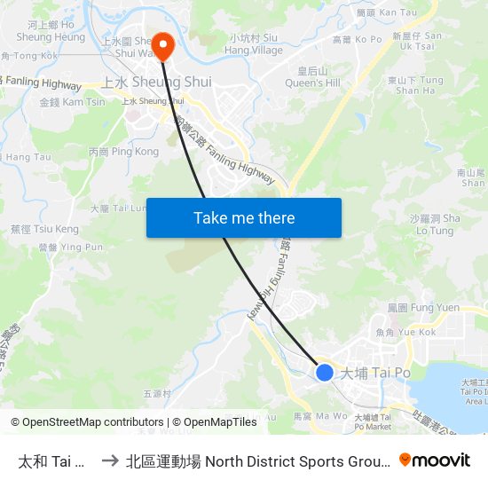 太和 Tai Wo to 北區運動場 North District Sports Ground map