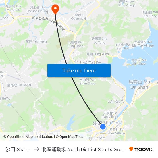 沙田 Sha Tin to 北區運動場 North District Sports Ground map