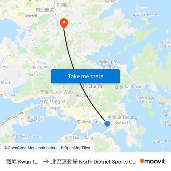 觀塘 Kwun Tong to 北區運動場 North District Sports Ground map