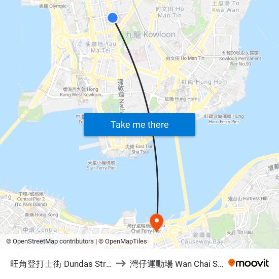 旺角登打士街 Dundas Street Mong Kok to 灣仔運動場 Wan Chai Sports Ground map