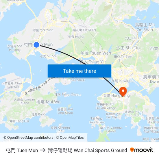 屯門 Tuen Mun to 灣仔運動場 Wan Chai Sports Ground map