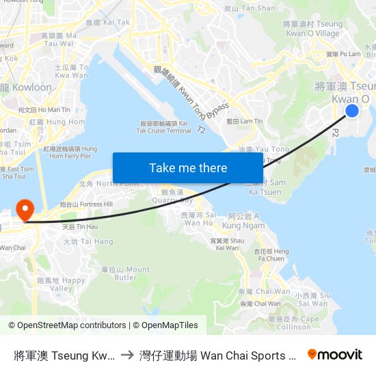 將軍澳 Tseung Kwan O to 灣仔運動場 Wan Chai Sports Ground map