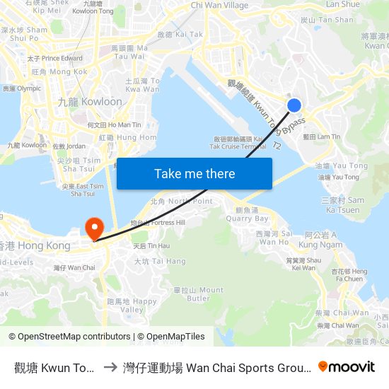 觀塘 Kwun Tong to 灣仔運動場 Wan Chai Sports Ground map