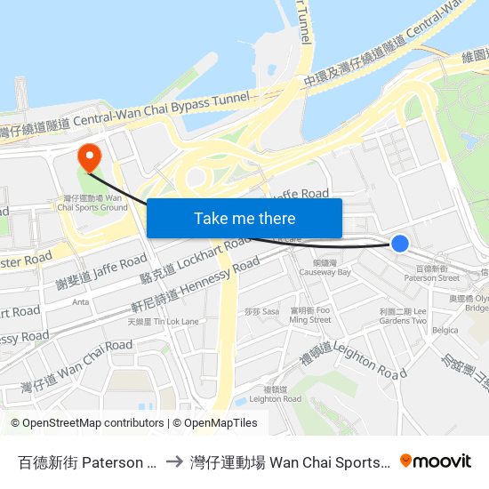 百德新街 Paterson Street to 灣仔運動場 Wan Chai Sports Ground map