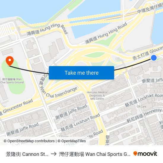 景隆街 Cannon Street to 灣仔運動場 Wan Chai Sports Ground map