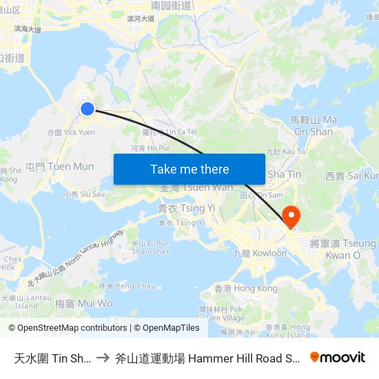 天水圍 Tin Shui Wai to 斧山道運動場 Hammer Hill Road Sports Ground map