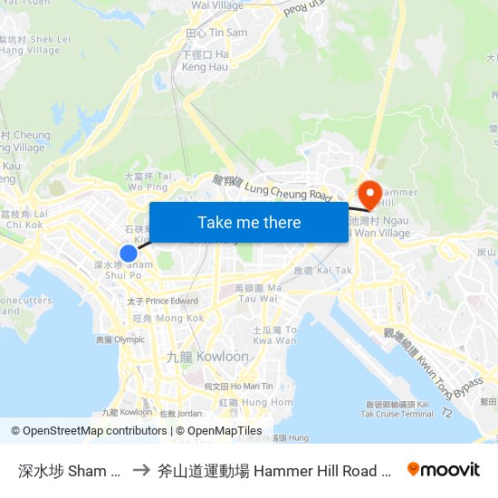 深水埗 Sham Shui Po to 斧山道運動場 Hammer Hill Road Sports Ground map