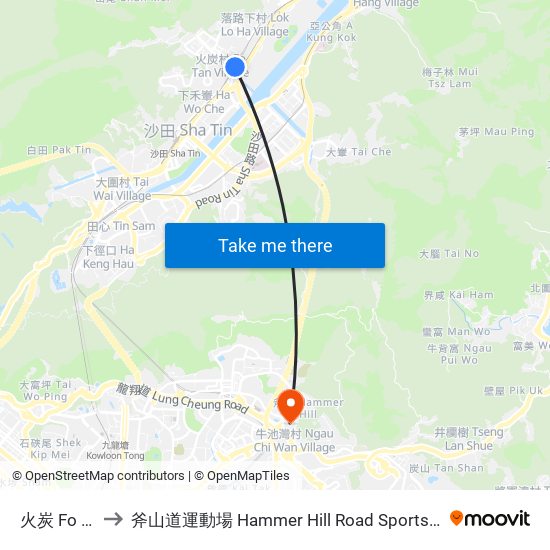 火炭 Fo Tan to 斧山道運動場 Hammer Hill Road Sports Ground map