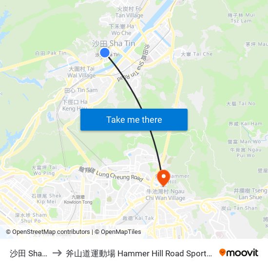沙田 Sha Tin to 斧山道運動場 Hammer Hill Road Sports Ground map