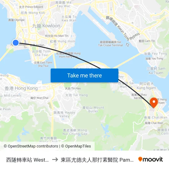 西隧轉車站 Western Harbour Tunnel Bbi to 東區尤德夫人那打素醫院 Pamela Youde Nethersole Eastern Hospital map