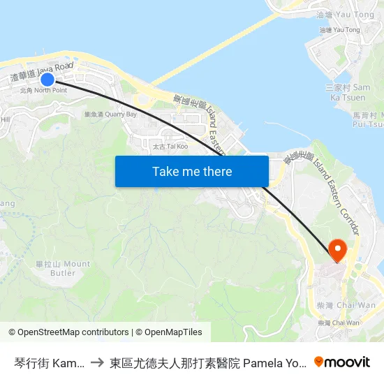 琴行街 Kam Hong Street to 東區尤德夫人那打素醫院 Pamela Youde Nethersole Eastern Hospital map