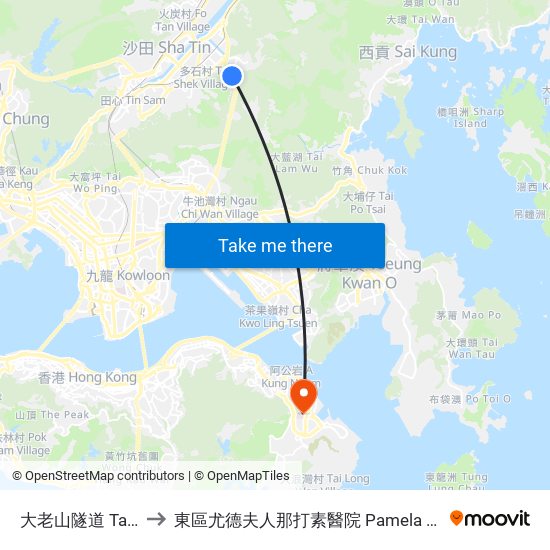 大老山隧道 Tate's Cairn Tunnel to 東區尤德夫人那打素醫院 Pamela Youde Nethersole Eastern Hospital map