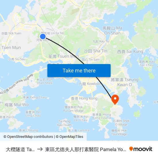 大欖隧道 Tai Lam Tunnel to 東區尤德夫人那打素醫院 Pamela Youde Nethersole Eastern Hospital map