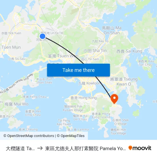 大欖隧道 Tai Lam Tunnel to 東區尤德夫人那打素醫院 Pamela Youde Nethersole Eastern Hospital map