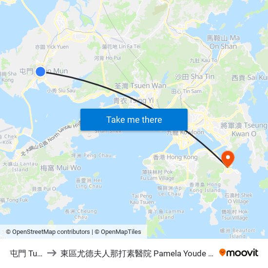 屯門 Tuen Mun to 東區尤德夫人那打素醫院 Pamela Youde Nethersole Eastern Hospital map