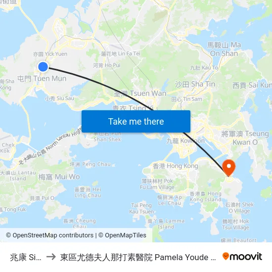 兆康 Siu Hong to 東區尤德夫人那打素醫院 Pamela Youde Nethersole Eastern Hospital map