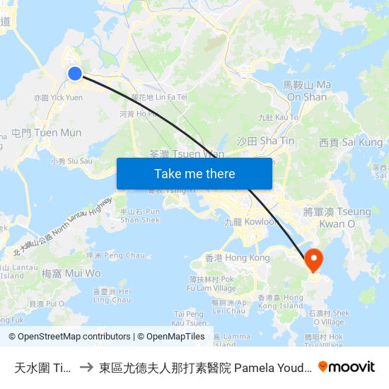 天水圍 Tin Shui Wai to 東區尤德夫人那打素醫院 Pamela Youde Nethersole Eastern Hospital map