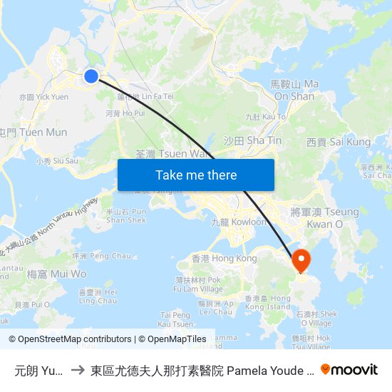 元朗 Yuen Long to 東區尤德夫人那打素醫院 Pamela Youde Nethersole Eastern Hospital map