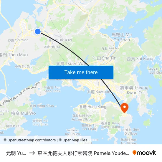元朗 Yuen Long to 東區尤德夫人那打素醫院 Pamela Youde Nethersole Eastern Hospital map
