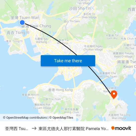 荃灣西 Tsuen Wan West to 東區尤德夫人那打素醫院 Pamela Youde Nethersole Eastern Hospital map