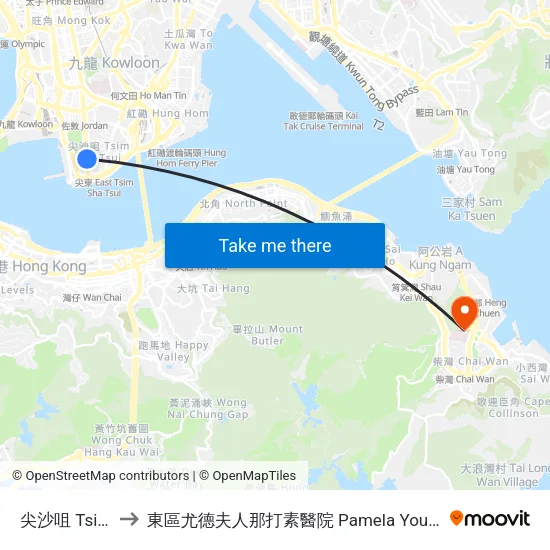 尖沙咀 Tsim Sha Tsui to 東區尤德夫人那打素醫院 Pamela Youde Nethersole Eastern Hospital map