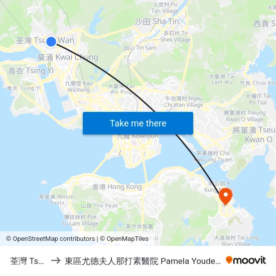 荃灣 Tsuen Wan to 東區尤德夫人那打素醫院 Pamela Youde Nethersole Eastern Hospital map