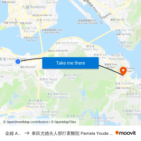 金鐘 Admiralty to 東區尤德夫人那打素醫院 Pamela Youde Nethersole Eastern Hospital map