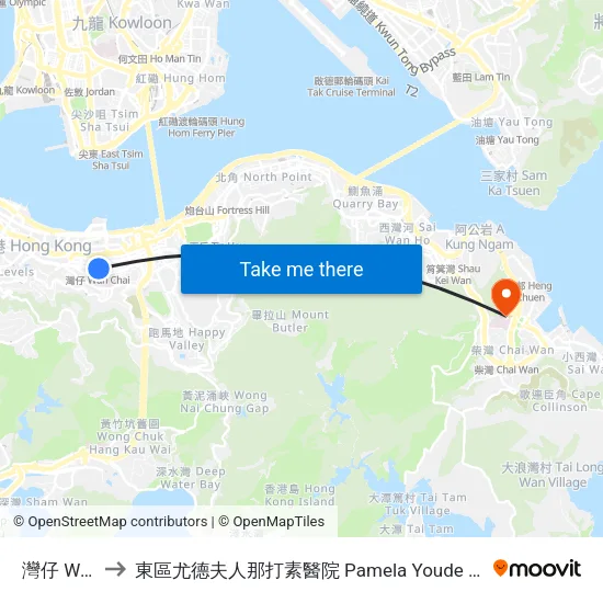 灣仔 Wan Chai to 東區尤德夫人那打素醫院 Pamela Youde Nethersole Eastern Hospital map
