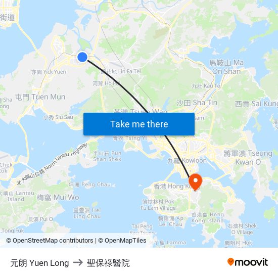 元朗 Yuen Long to 聖保祿醫院 map