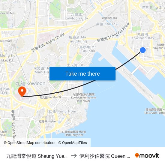 九龍灣常悅道 Sheung Yuet Road Kowloon Bay to 伊利沙伯醫院 Queen Elizabeth Hospital map