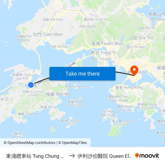 東涌纜車站 Tung Chung Cable Car Terminal to 伊利沙伯醫院 Queen Elizabeth Hospital map