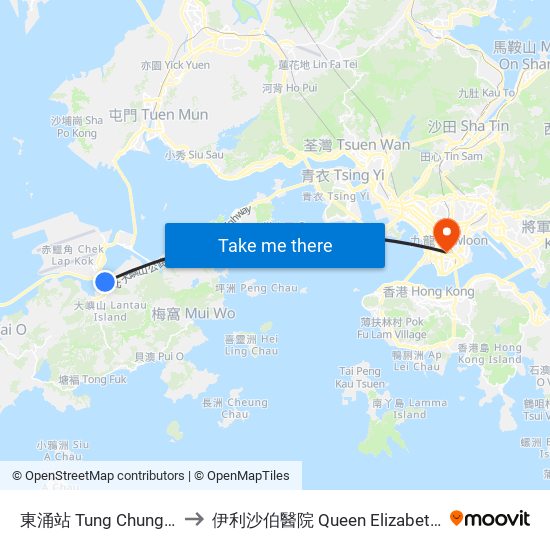 東涌站 Tung Chung Station to 伊利沙伯醫院 Queen Elizabeth Hospital map