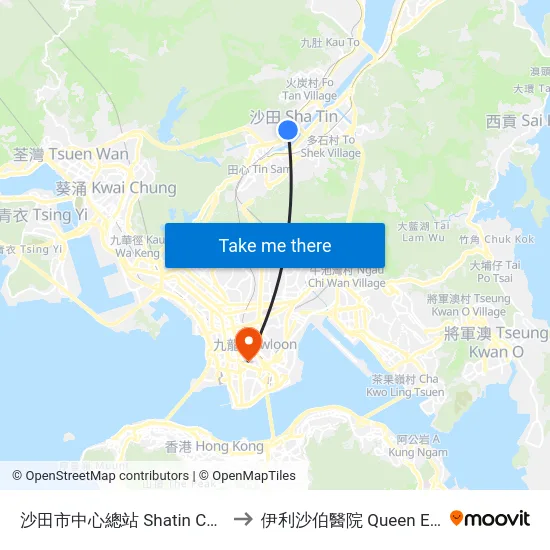 沙田市中心總站 Shatin Central Bus Terminus to 伊利沙伯醫院 Queen Elizabeth Hospital map