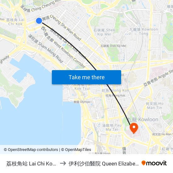 荔枝角站 Lai Chi Kok Station to 伊利沙伯醫院 Queen Elizabeth Hospital map