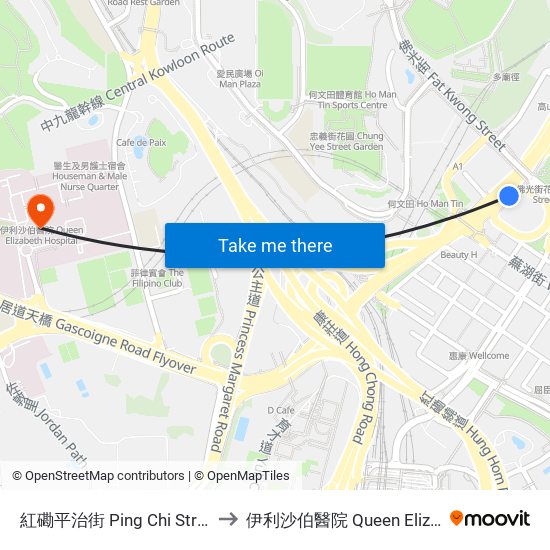 紅磡平治街 Ping Chi Street Hung Hom to 伊利沙伯醫院 Queen Elizabeth Hospital map