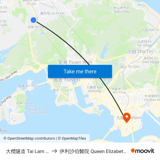 大欖隧道 Tai Lam Tunnel to 伊利沙伯醫院 Queen Elizabeth Hospital map