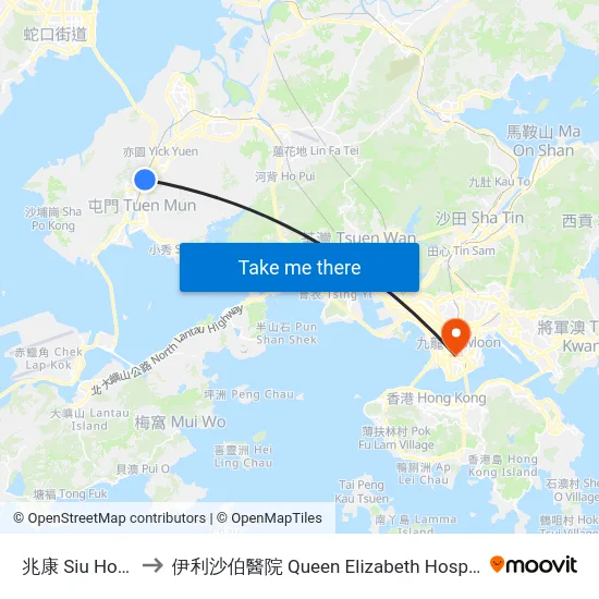 兆康 Siu Hong to 伊利沙伯醫院 Queen Elizabeth Hospital map