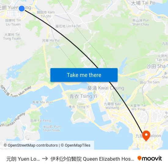 元朗 Yuen Long to 伊利沙伯醫院 Queen Elizabeth Hospital map