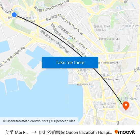 美孚 Mei Foo to 伊利沙伯醫院 Queen Elizabeth Hospital map