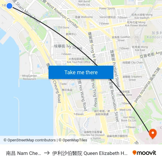 南昌 Nam Cheong to 伊利沙伯醫院 Queen Elizabeth Hospital map