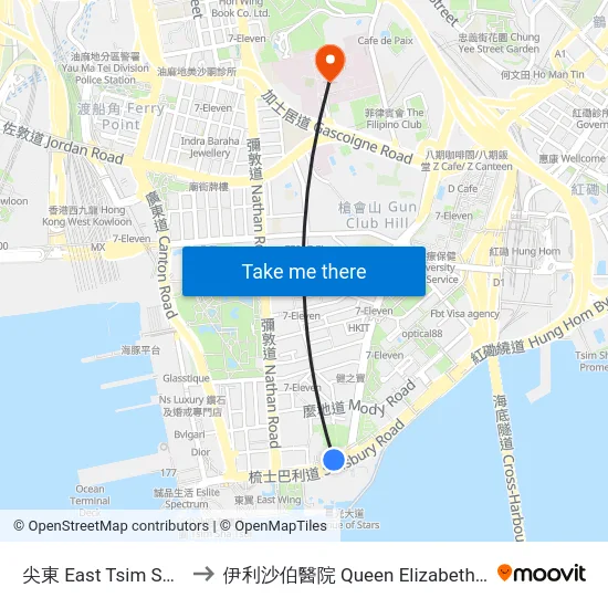 尖東 East Tsim Sha Tsui to 伊利沙伯醫院 Queen Elizabeth Hospital map