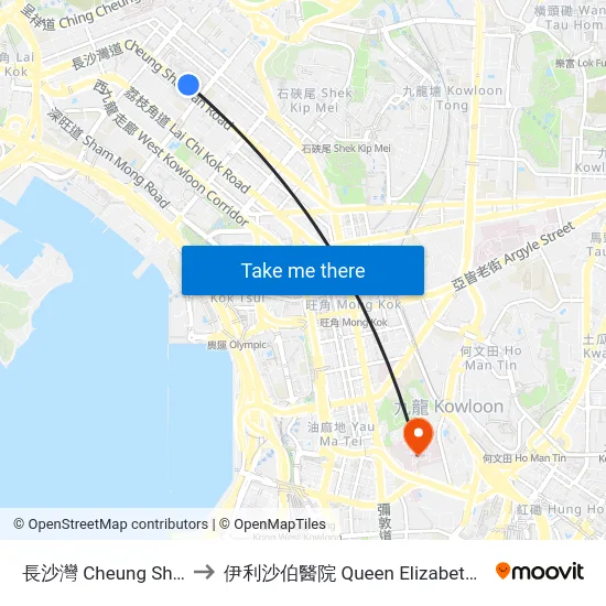 長沙灣 Cheung Sha Wan to 伊利沙伯醫院 Queen Elizabeth Hospital map