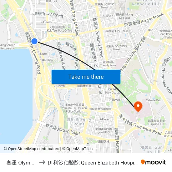 奧運 Olympic to 伊利沙伯醫院 Queen Elizabeth Hospital map