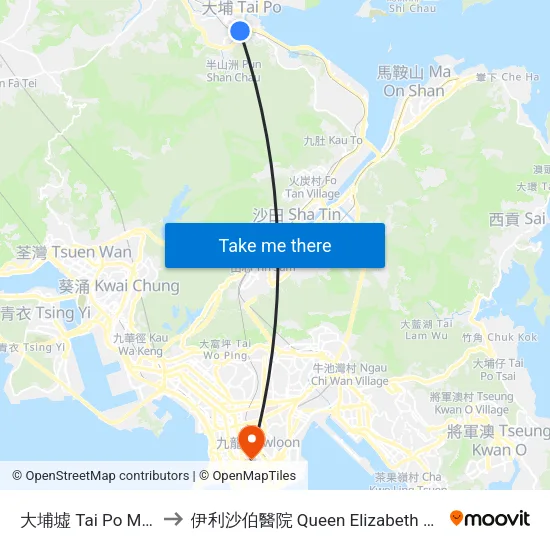 大埔墟 Tai Po Market to 伊利沙伯醫院 Queen Elizabeth Hospital map