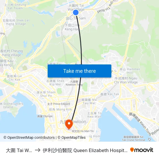 大圍 Tai Wai to 伊利沙伯醫院 Queen Elizabeth Hospital map