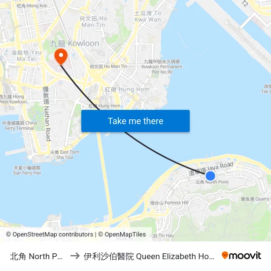 北角 North Point to 伊利沙伯醫院 Queen Elizabeth Hospital map