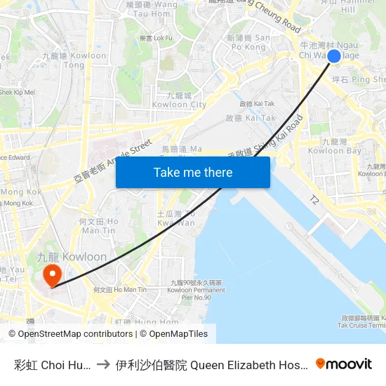 彩虹 Choi Hung to 伊利沙伯醫院 Queen Elizabeth Hospital map