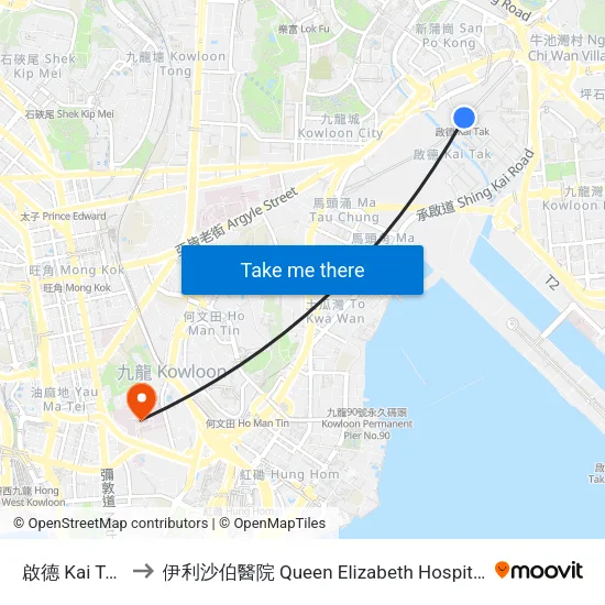 啟德 Kai Tak to 伊利沙伯醫院 Queen Elizabeth Hospital map